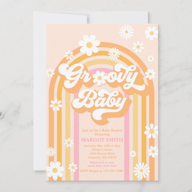 Invitación Groovy Baby Boho Daisy Rainbow Fiesta de Bebé (Anverso)