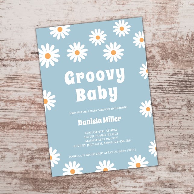 Invitación Groovy Baby Boy Daisy Retro Baby Shower de los 70 (groovy baby retro 70s daisy boy baby shower invitation)
