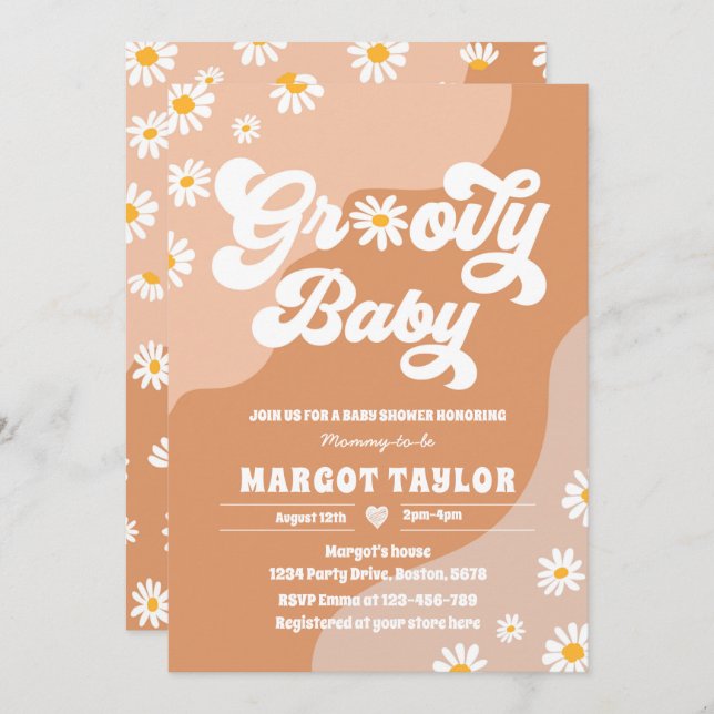 Invitación Groovy Baby Daisy Boho Hippy Vive Baby Shower En (Anverso / Reverso)
