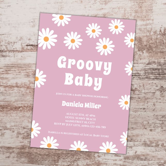 Invitación Groovy Baby Girl Daisy Retro Baby Shower de 70 (groovy baby retro 70s daisy girl baby shower invitation)