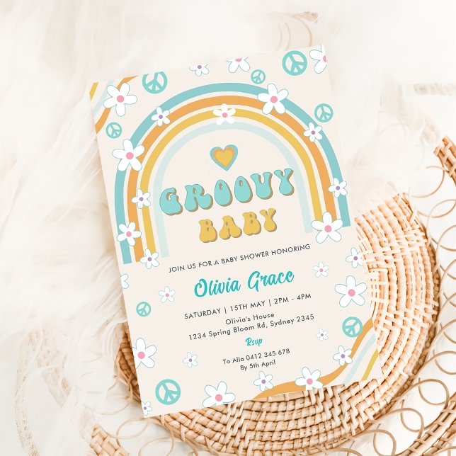 Invitación Groovy Baby Rainbow Baby Shower Fiesta (Subido por el creador)