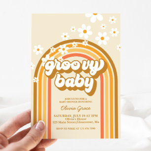 Invitación Groovy Baby Retro Arcoíris Fiesta de Bebé