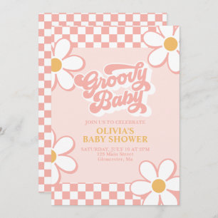Invitación Groovy Baby Retro Check Pink Daisy