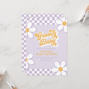 Invitación Groovy Baby Retro Check Purple Daisy