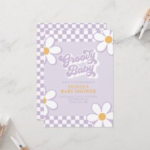 Invitación Groovy Baby Retro Check Purpura Margarita