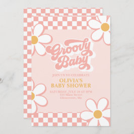 Invitación Groovy Baby Retro Check Rosa Margarita