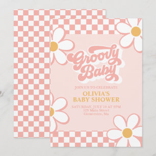 Invitación Groovy Baby Retro Check Rosa Margarita