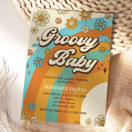 Invitación Groovy Baby Retro Rainbow Baby Shower Fiesta