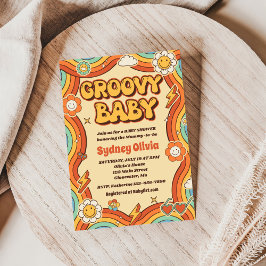 Invitación Groovy Baby Retro Rainbow Baby Shower Fiesta