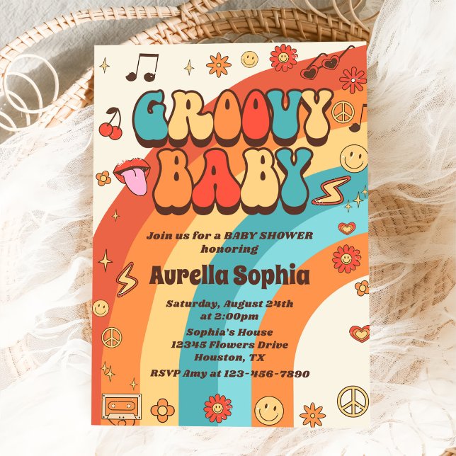 Invitación Groovy Baby Retro Rainbow Baby Shower Fiesta (Subido por el creador)