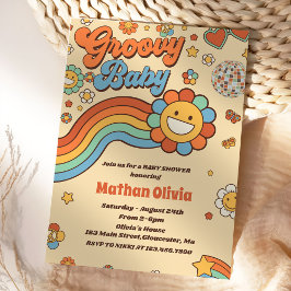 Invitación Groovy Baby Retro Rainbow Baby Shower Fiesta
