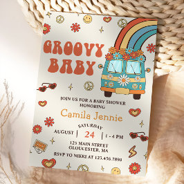 Invitación Groovy Baby Retro Rainbow Baby Shower Fiesta