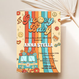 Invitación Groovy Baby Retro Rainbow Baby Shower Fiesta