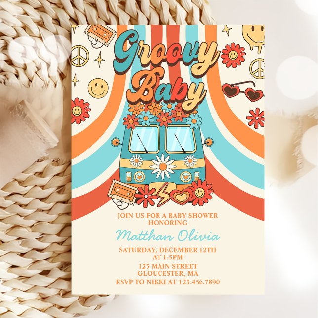 Invitación Groovy Baby Retro Rainbow Baby Shower Fiesta (Subido por el creador)