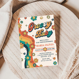 Invitación Groovy Baby Retro Rainbow Baby Shower Fiesta