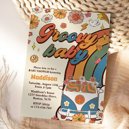 Invitación Groovy Baby Retro Rainbow Baby Shower Fiesta