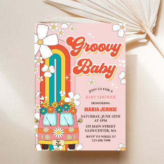 Invitación Groovy Baby Retro Rainbow Baby Shower Fiesta