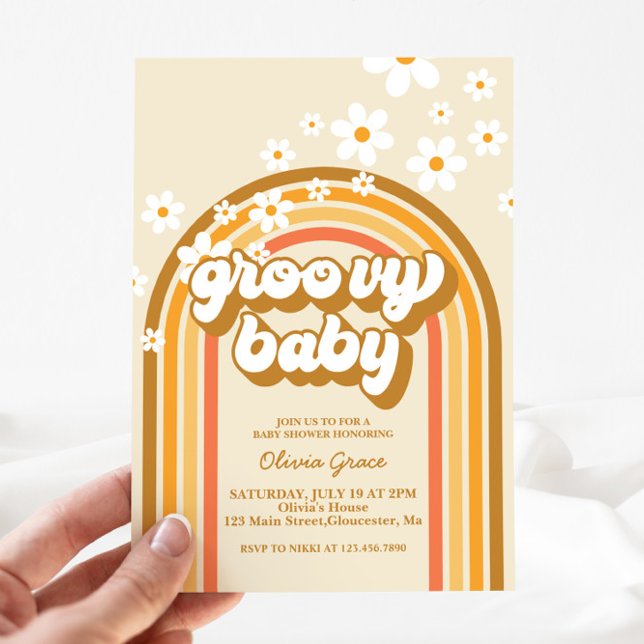 Invitación Groovy Baby Retro Rainbow Daisy Baby Shower (Subido por el creador)