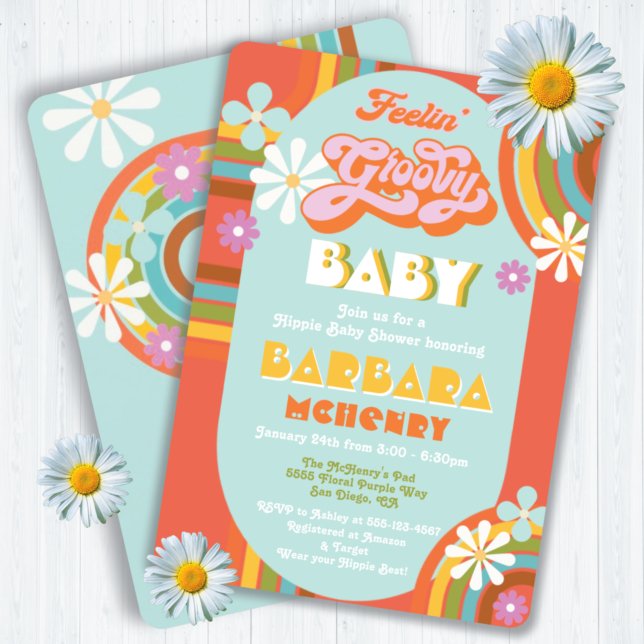 Invitación Groovy Baby Shower de la retro Hippie 70's 60 (Subido por el creador)