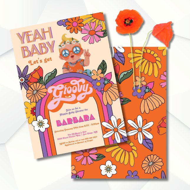 Invitación Groovy Baby Shower del bebé hippie retro de los añ (Subido por el creador)