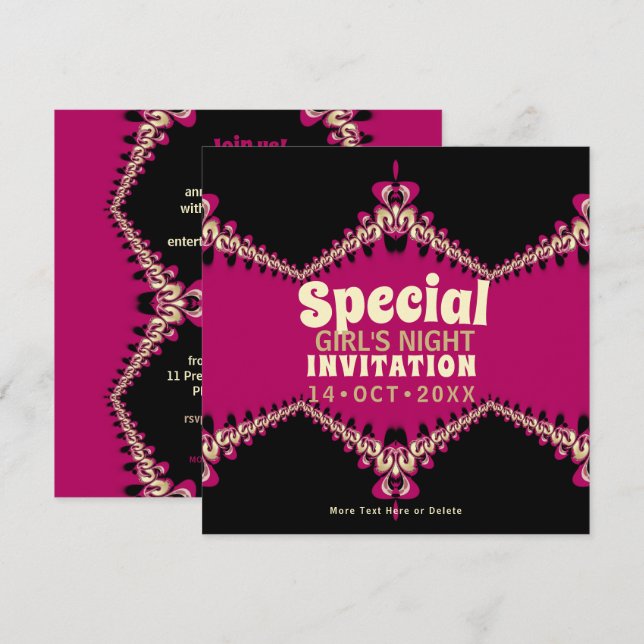 Invitación Groovy Black & Hot Pink Chicas Fiesta Nocturno (Anverso / Reverso)