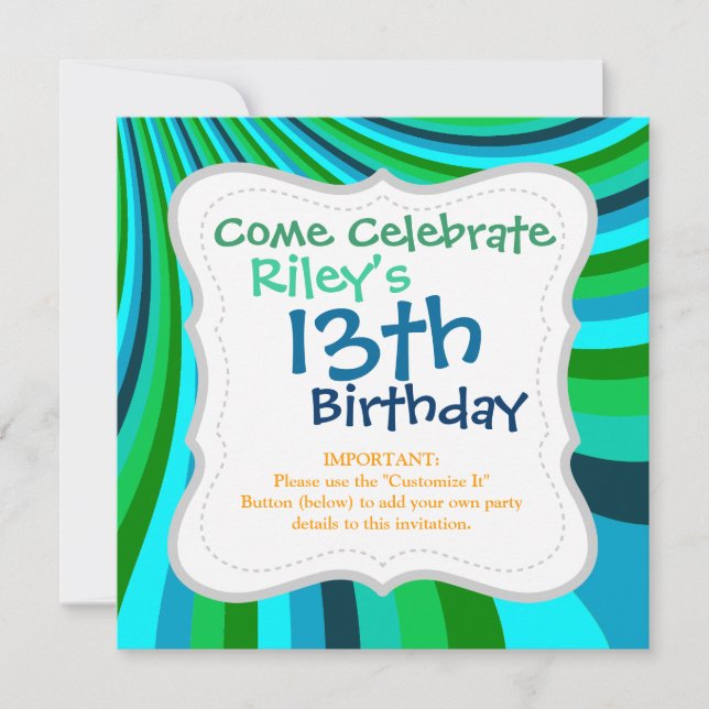 Invitación Groovy Blue Green Rainbow Stripes Retro (Anverso)