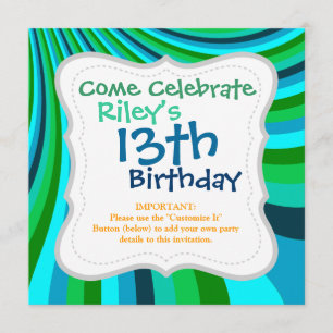 Invitación Groovy Blue Green Rainbow Stripes Retro