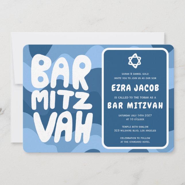 Invitación Groovy Blue Waves Star de David Personalizado Bar  (Anverso)