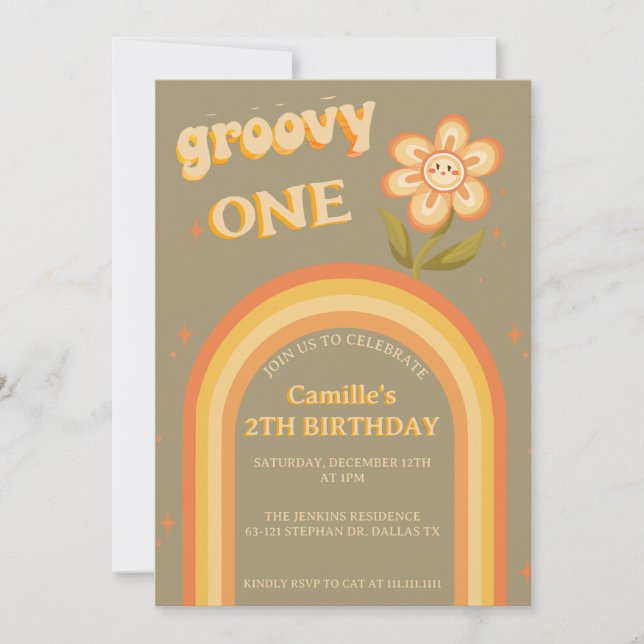 Invitación Groovy boho daisy rainbow cumpleaños (Anverso)