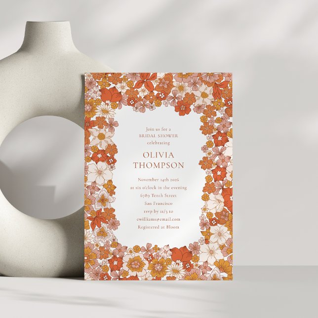 Invitación Groovy Boho Naranja Floral Frame Bridal Shower (Subido por el creador)