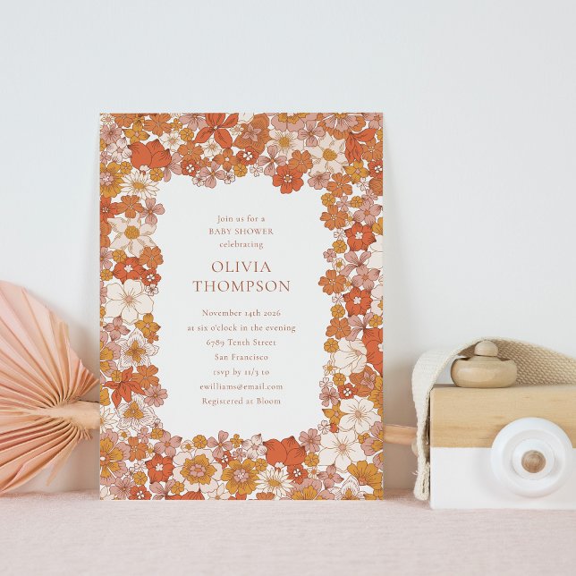 Invitación Groovy Boho Naranja Marco floral Cudo Baby Shower (Subido por el creador)
