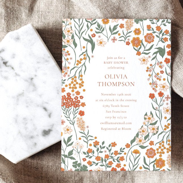 Invitación Groovy Boho Naranja Wildflower Whimsy Baby Shower (Subido por el creador)