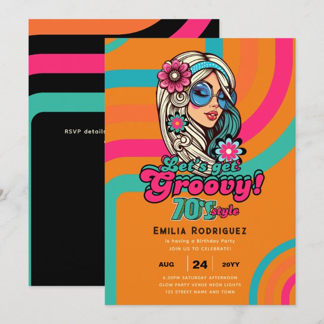 Invitación Groovy Boogie Retro Disco Fiesta de cumpleaños (Anverso / Reverso)