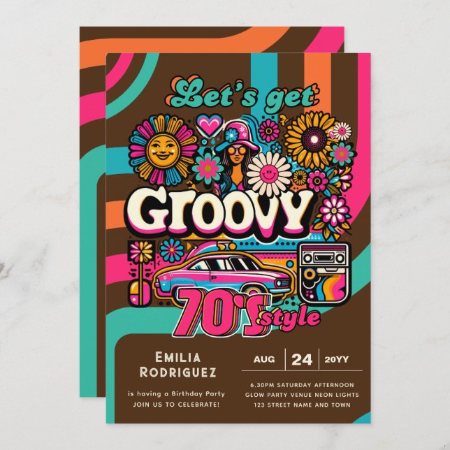 Invitación Groovy Boogie Retro Disco Fiesta de cumpleaños (Anverso / Reverso)