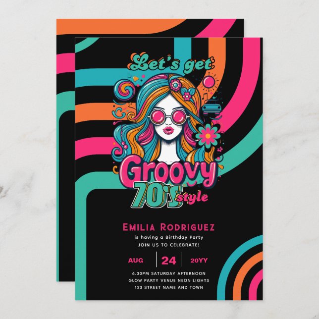 Invitación Groovy Boogie Retro Disco Fiesta de cumpleaños (Anverso / Reverso)