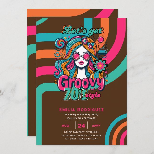 Invitación Groovy Boogie Retro Disco Fiesta de cumpleaños (Anverso / Reverso)