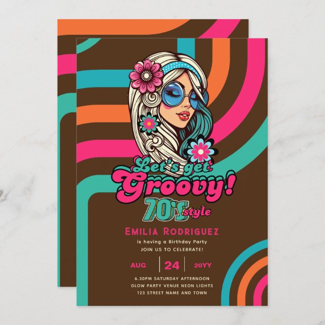 Invitación Groovy Boogie Retro Disco Fiesta de cumpleaños (Anverso / Reverso)