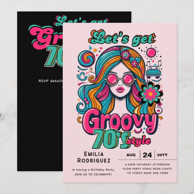 Invitación Groovy Boogie Retro Disco Fiesta de cumpleaños (Anverso / Reverso)