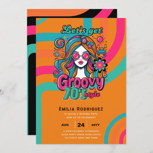 Invitación Groovy Boogie Retro Disco Fiesta de cumpleaños (Anverso / Reverso)