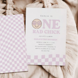 Invitación Groovy Chica Checkered Happy Face | 1 cumpleaños