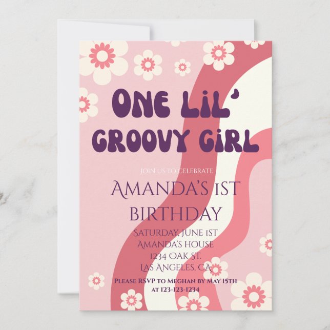 Invitación Groovy Chica Primer tema de cumpleaños Retro Rosa  (Anverso)