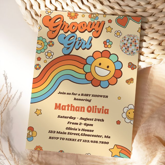 Invitación Groovy Chica Retro Rainbow Fiesta de Baby Shower (Subido por el creador)