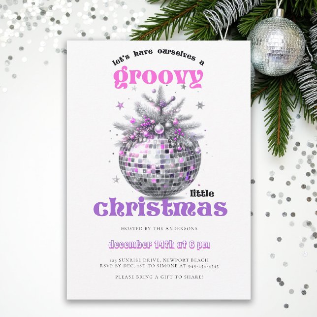 Invitación Groovy Christmas Disco Ball Pink Christmas Party (christmas party invitation corporate business disco ball groovy 70s hot pink black elegant fun)