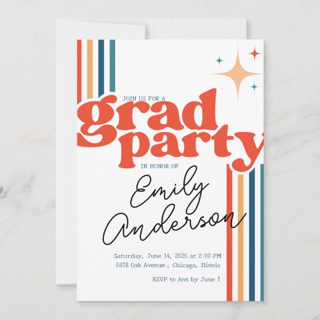 Invitación Groovy colorful grad card with graduation  (Anverso)