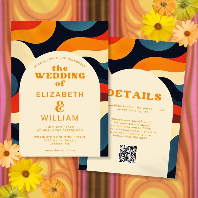 Invitación Groovy Colorful Retro Wavy Boho QR Code Boda (Groovy Colorful Retro Wavy Boho QR Code Wedding Invitation)