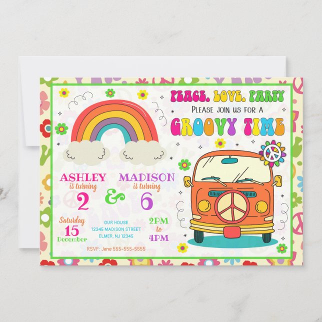 Invitación Groovy Cumpleaños Compartido de Furgoneta Hippie d (Anverso)