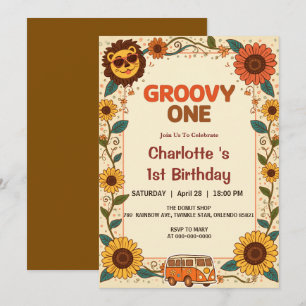 Invitación Groovy Cumpleaños León Retro 70s Primer Cumpleaños