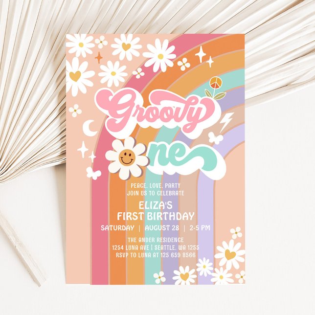 Invitación Groovy Cumpleaños ONE Daisy Arcoíris Hippie Retro (Subido por el creador)