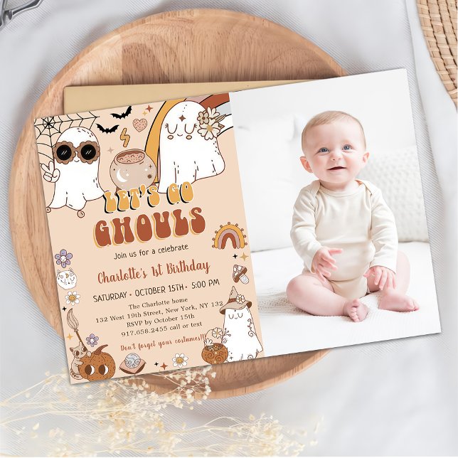 Invitación Groovy Cute Ghost Halloween Primer Fiesta de cumpl (Subido por el creador)