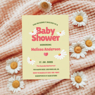 Invitación Groovy Daisy Baby Shower con fondo amarillo